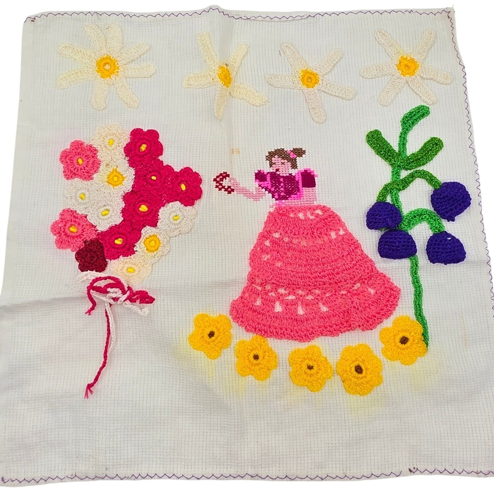 Vintage Handmade Crochet Southern Belle Flower Sampler Wall Hanging 12x12 N4